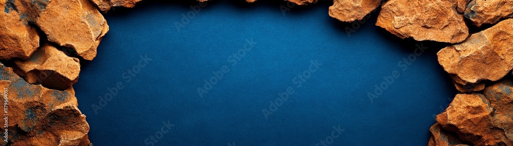 Poster rock frame on blue: rough, rustic rock border creates a natural frame against a calming blue backdro