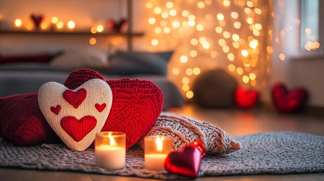 A cozy Valentines-themed home dcor setup with pillows and glowing candles