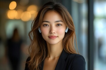 Obraz premium professional corporate portrait of confident asian businesswoman with wireless earbuds standing against modern office interior background