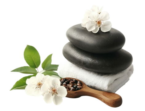Spa composition with black stones, flowers, and towel, isolated on transparent cutout background
