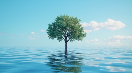 Solitary Tree in Rising Waters: A Symbol of Climate Change
