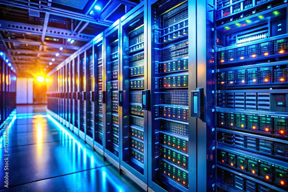 Poster high-performance server rack in modern data center - deep depth of field