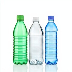 Environment, eco friendly, plastic. Three colorful plastic water bottles arranged side by side on a white background.