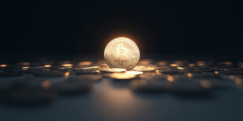 A glowing golden bitcoin coin surrounded by a dark background and bokeh light, symbolizing cryptocurrency, digital currency, and innovation.