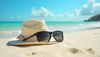 A straw hat and sunglasses on a sandy beach with a turquoise ocean and cloudy sky in the background