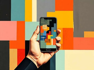 Contemporary art collage artwork featuring a hand holding a modern phone