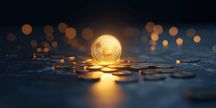 A glowing golden bitcoin coin surrounded by a dark background and bokeh light, symbolizing cryptocurrency, digital currency, and innovation.