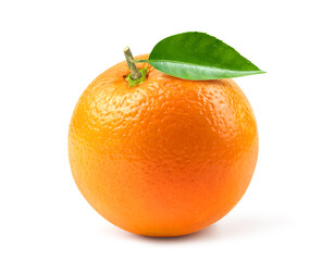 Fresh orange with leaf isolate on white background. Clipping path.