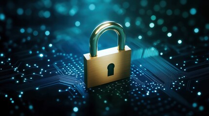 Intricate Padlock on Circuit Board Surrounded by Electronic Connections Symbolizing Security and Technology in Modern Era