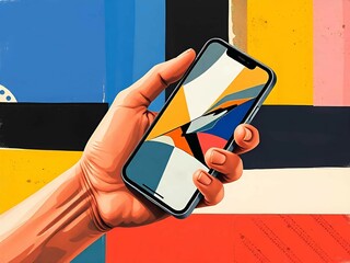 Contemporary art collage artwork featuring a hand holding a modern phone