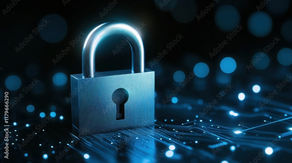 Poster intricate security lock integrated with circuitry illuminated by a soft blue glow symbolizing protec