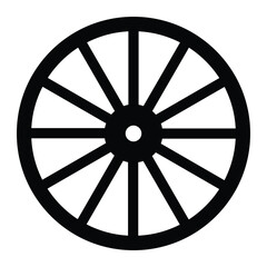 Fototapeta premium Wagon wheel vector icon. Carriage wheel symbol for transportation, vintage vehicles, and historical design. Black silhouette isolated on white background.