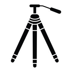 Camera tripod vector icon. Photography stand symbol for photo camera equipment, photography gear, and filming support. Black silhouette isolated on white background.