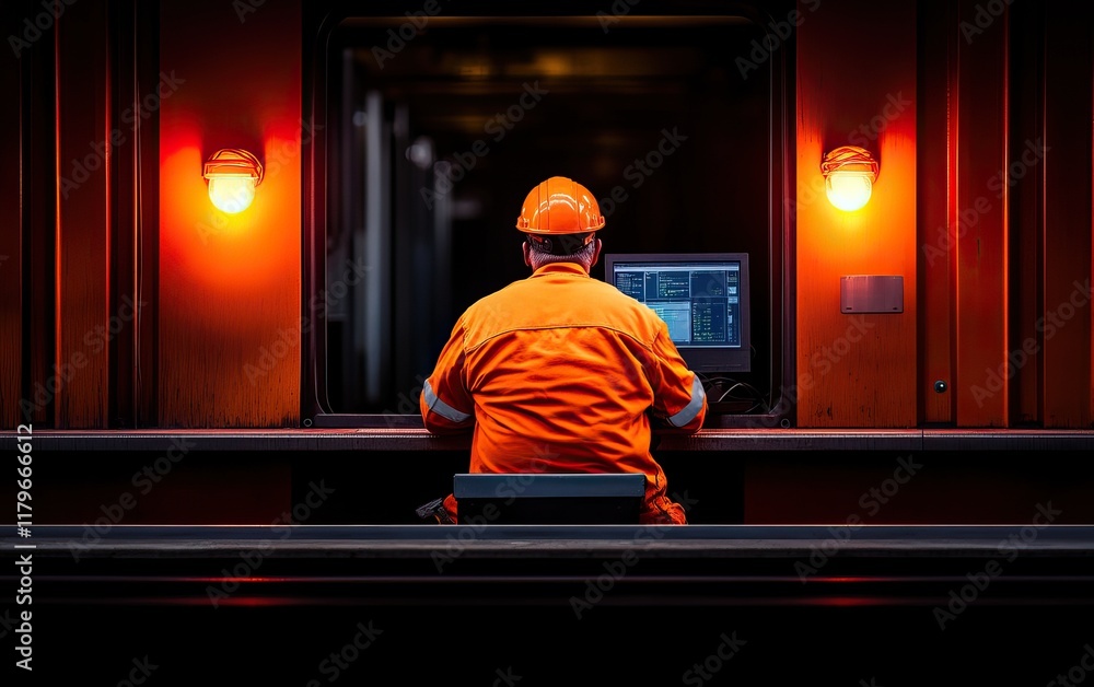 Poster a worker in an orange uniform and helmet sits at a control panel, illuminated by warm lights, focuse