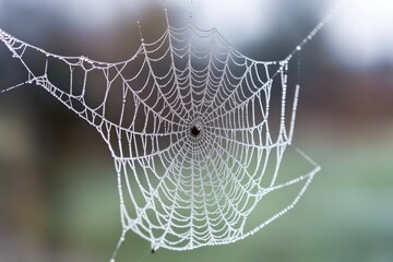 Delicate strands of a spider web catch morning dew, creating a stunning display of shimmering droplets. The soft background highlights the intricate design and reflects the calmness of dawn
