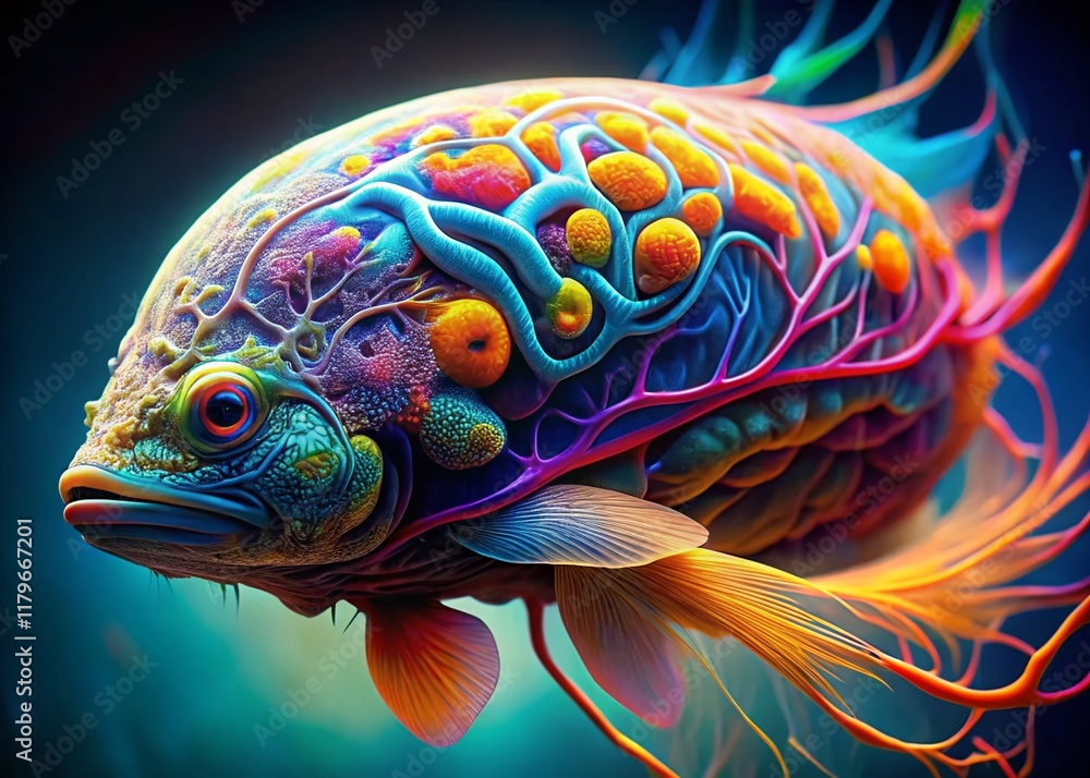 Poster high-resolution microscopic image of a fish brain, detailed neural structures, shallow depth of fiel