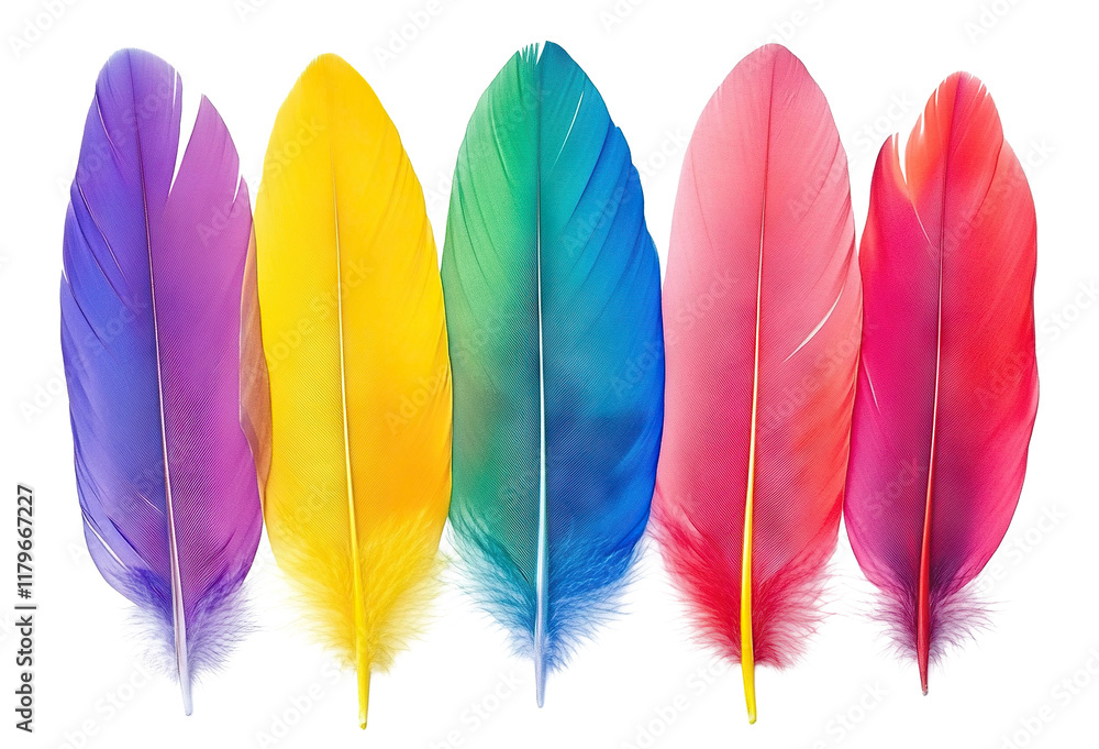 Poster set of colorful feathers arranged in a row, isolated on transparent cutout background