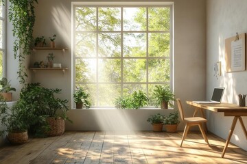 Fototapeta premium professional home office interior with natural light streaming through large windows ergonomic desk setup and minimalist design for remote work background