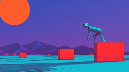 Naklejka premium Striking Digital Painting: Alien Figure Leaps Boldly Across Surreal Landscape. AI Generated