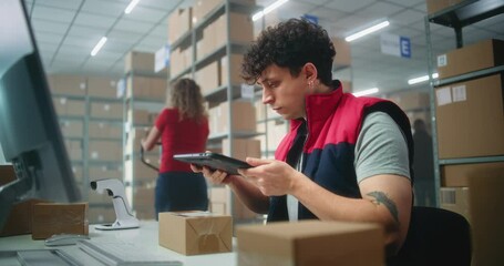 Male warehouse clerk scans parcels using tablet computer, works in postal service or online store logistics storage. Sorting center employees carrying cardboard boxes for delivery. E-commerce products - Powered by Adobe