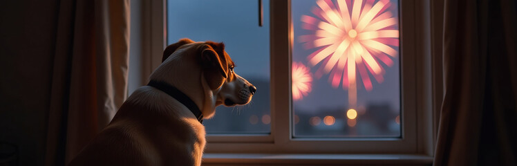 A Dog Cowers In Fear As It Gazes Out A Window, Overwhelmed By The Frightening Sounds Of Fireworks Outside Its Home. 00002