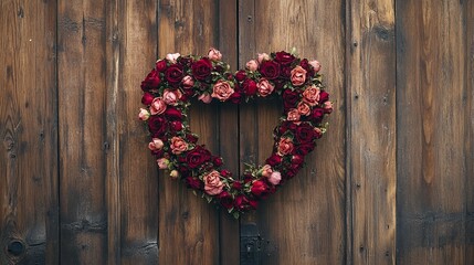 A heart-shaped wreath made of roses hanging on a rustic wooden door