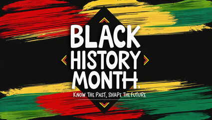 Fototapeta premium Black History Month banner with bold typography, Pan-African color strokes, and inspiring message. Ideal for cultural events, awareness campaigns, and educational projects. AI