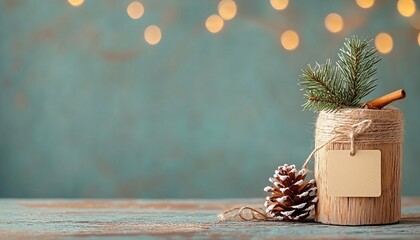 A cozy holiday scene featuring a rustic jar with twine, a pinecone, and greenery against a soft, light background with bokeh lights.