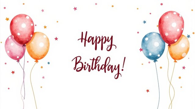 Vibrant watercolor balloons float on a crisp white background, bursting with colorful dots, stars, and a playful "Happy Birthday!" message in curly script