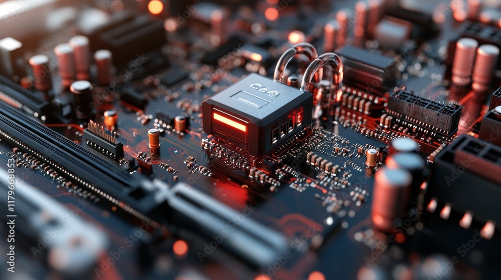 Poster secure computer processor enclosed with a lock symbolizing protection and safety in digital technolo