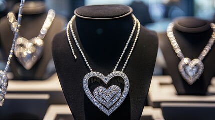 A high-end jewelry store showcasing diamond necklaces in heart-shaped designs