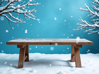 A Distressed Old Wooden Table Stands Out Against A Bright Blue Winter Background With Falling Snow And White Branches. 00001