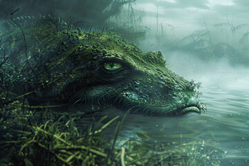 Terrifying scary sea monster in dark depths of deep blue ocean, abstract vivid composition consists of fictional unreal fantastic vision on background