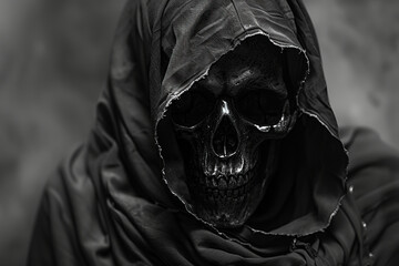 Scary grim reaper with sharp scythe in hell with dark dramatic color, abstract vivid composition consists of fictional unreal fantastic vision on background