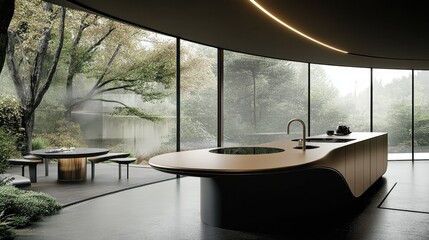 Fototapeta premium A futuristic kitchen with a curved pastel brown counter, black surfaces, and minimalist accents. Large windows create a seamless connection to the outdoors.