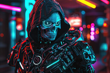 Scary grim reaper with sharp scythe in hell with dark dramatic color, abstract vivid composition consists of fictional unreal fantastic vision on background