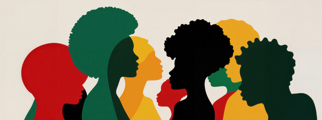 Silhouettes of diverse African American women in bold Pan-African colors symbolizing unity and heritage. Horizontal design with neutral background for Black History Month banners. AI