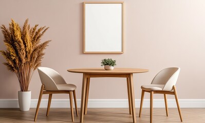 A modern dining setup featuring a round wooden table, two upholstered chairs, a small plant, and a decorative wall with a blank frame.