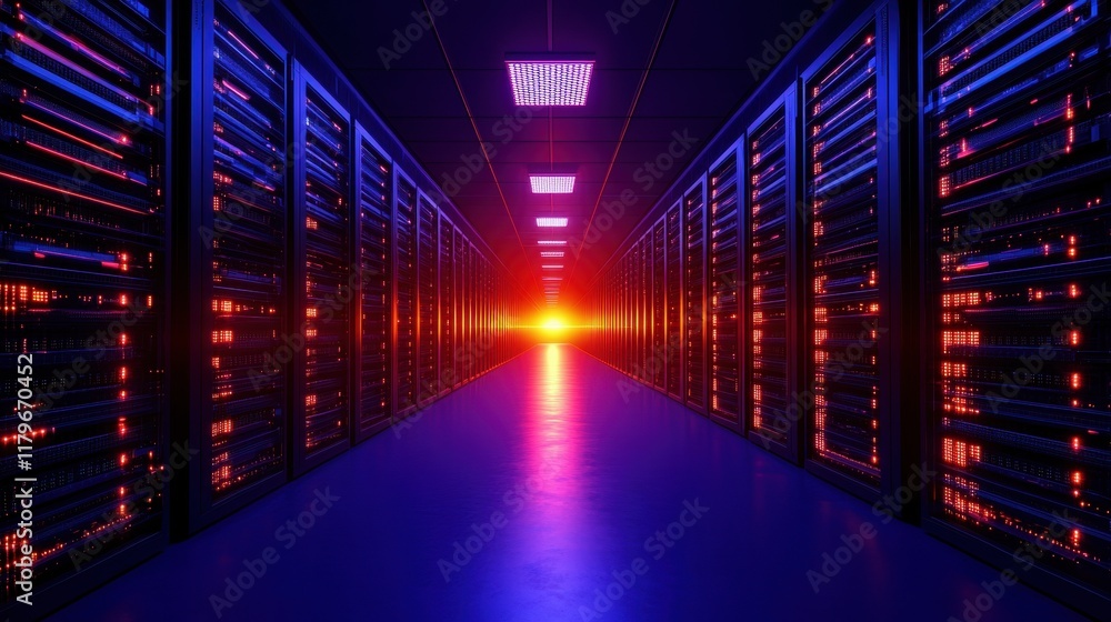 Poster expansive data center hallway with neat rows of servers illuminated by soft lighting creating a high