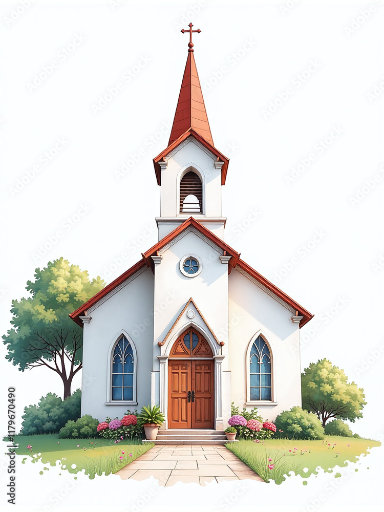 Aufkleber a digital watercolor church with white background is created using generative ai for a romantic wedd