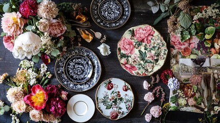 A luxurious wedding planning desk featuring floral samples and tableware