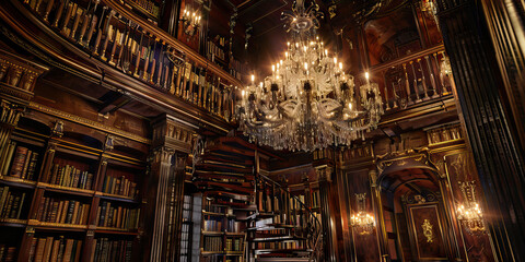 Obraz premium Interior View of Ornate Library with Chandelier and Spiral Staircase