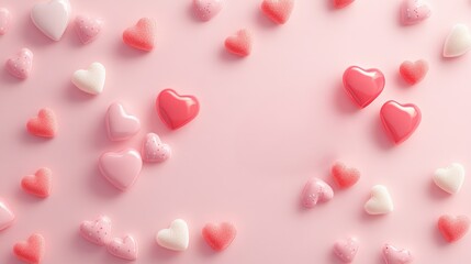 A pink background with many hearts of different colors