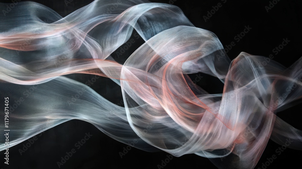 Poster delicate veils of color, ethereal forms in motion against a dark backdrop