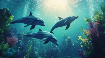 Fototapeta premium Group of dolphins in colorful underwater,ai generated