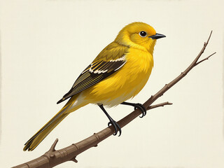 Obraz premium A Digital Artist Created A Painting Of A Yellow Bird Perched On A Branch With Long Tail Strokes And Textured Canvas. 00002