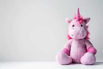 Fototapeta premium Fantastically beautiful mythological pink unicorn with big long horn, abstract vivid composition consists of fictional unreal fantastic vision on background