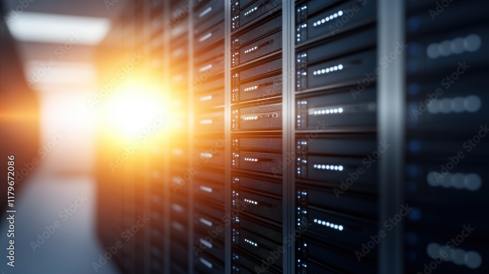 Poster intricately designed server in modern server room illuminated by bright light creating a high-tech a