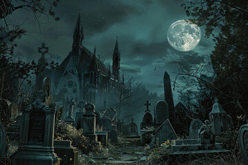 Obraz premium Fantastically mysterious cemetery with tombstones and terribly scary atmosphere, abstract vivid composition consists of fictional unreal fantastic vision on background