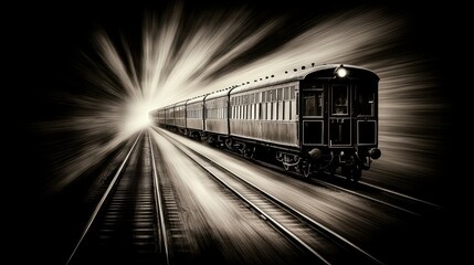 Vintage Train Approaching Bright Light in Black and White Illustration with Motion Blur Effect